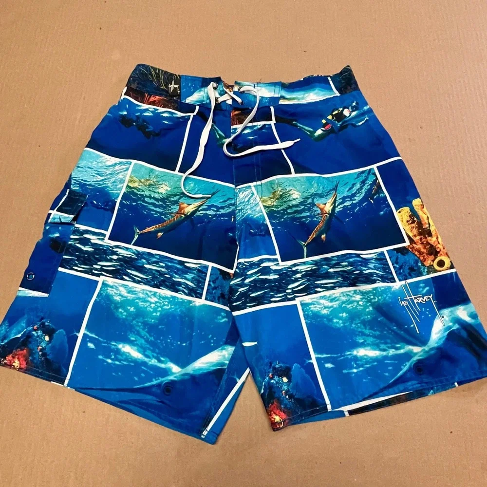 Guy Harvey AFTCO Bluewater Men's Board Shorts Size 30 Blue Marlin Photo Collage